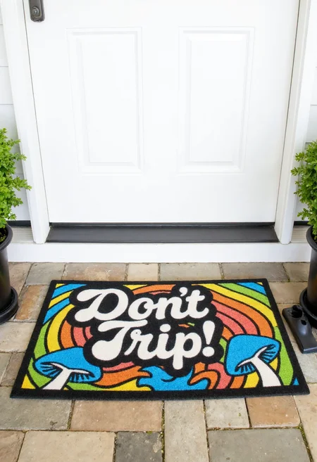 <lora:Welcome_Mat_Manufacturer_FLUX-000023:0.9>
This photograph captures a colorful welcome mat placed in front of a white front door. The mat features a vibrant, psychedelic design with colorful mushrooms and the phrase "Don't Trip!" in bold, white, cursive letters.