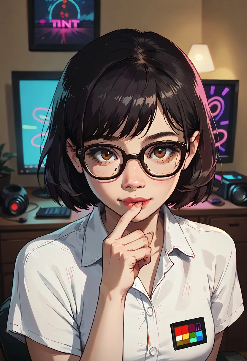 score_9, score_8_up, score_7_up, score_6_up, score_5_up, realistic, high quality, fine details, t3ng, BREAK, 1girl, solo, asian, cute, very cute girl, short jet black hair, bob hair style, black frame glasses, square frame glasses, sexy make up, big brown eyes, white button shirt, short sleeves, streamer, soft smile, sucking on finger, bedroom, dark bedroom, neon lights, glow from neon lights, dark, upper body, ((view from above)), looking at viewer