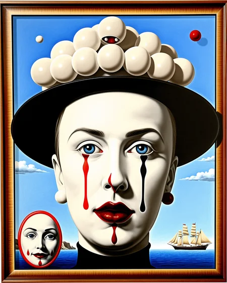 A close up portrait of elegant female humpty with pale white face with eyes looking straight at you. Also a harlequin lady with juggling balls on a boat on choppy sea scape by René Magritte. More surrealism and madness. Much more surrealism and crazy designs. With surreal clouds, Salvador Dali clouds coming out of her head. More surrealism and crazy ideas. Like a circus theme. doviliotarot <lora:DovilioTarot_SDXL:1.0>