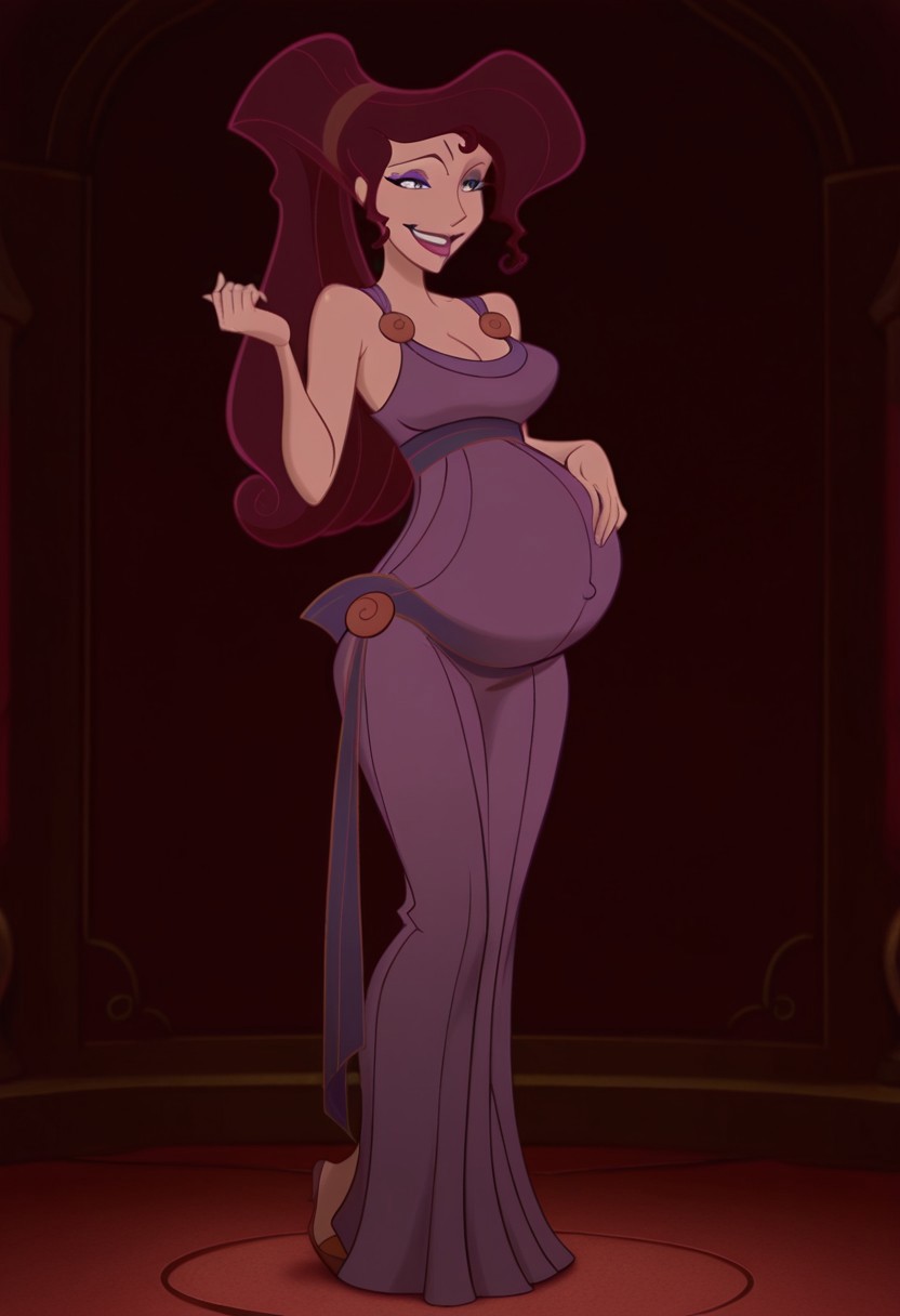 1girl, masterpiece, best quality, amazing quality, absurdres, <lora:Megara__Illustrious:1> m3g4r4, megara (hercules disney), long hair, tied hair, brown hair, purple eyes, purple Greek dress, cleavage, sexy makeup, lipstick, smiling, full body, pregnant,