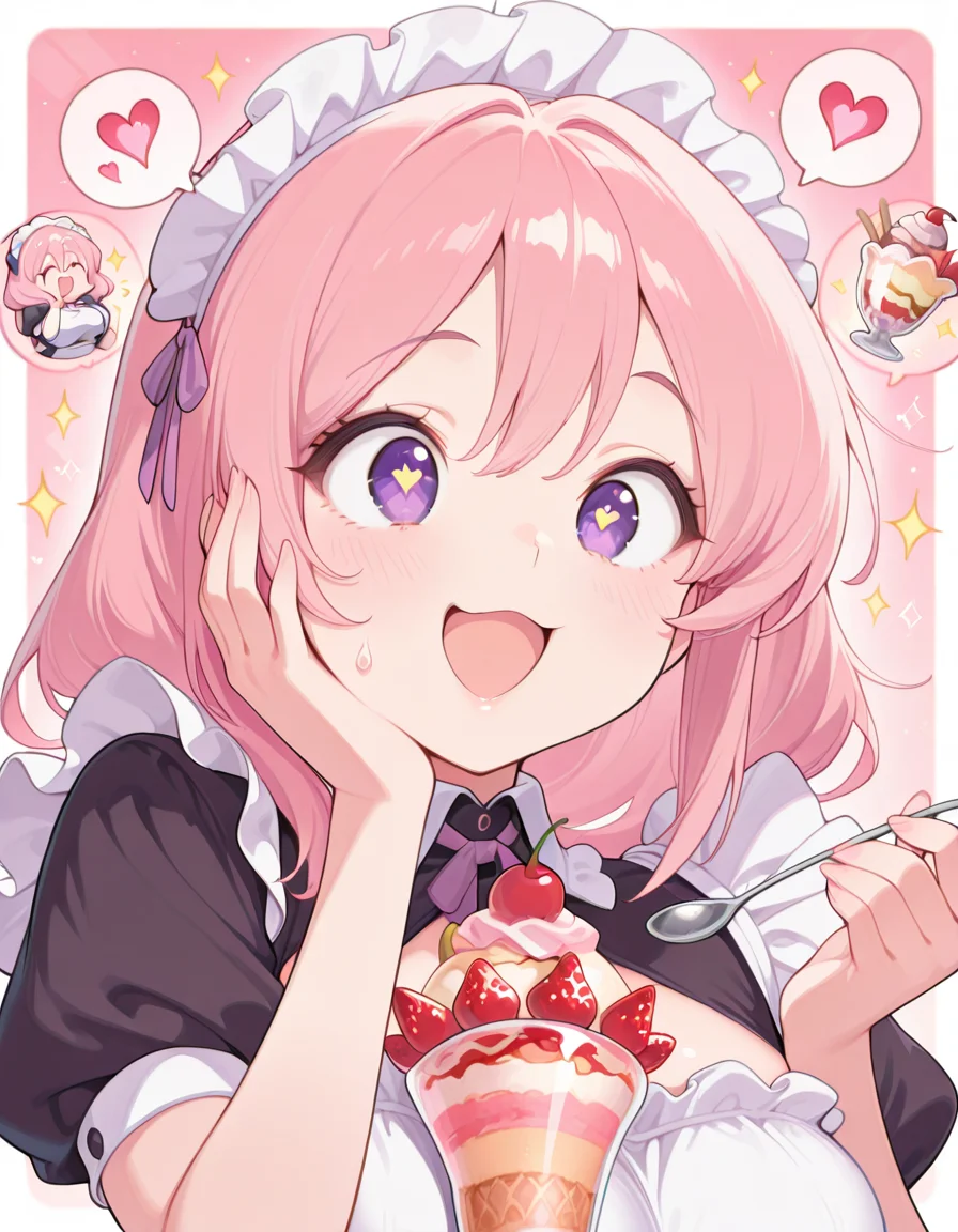 masterpiece, best quality, amazing quality,, <lora:CivChan:1>, CivChan, purple eyes, pink hair, mature female, breasts, maid headdress,, <lora:parfait-illustriousxl-lora-nochekaiser:1>, parfait, open mouth, heart, food, sparkle, fruit, happy, hand on own face, spoken heart, ice cream, strawberry, spoon, hand on own cheek, cherry, holding spoon, , ,