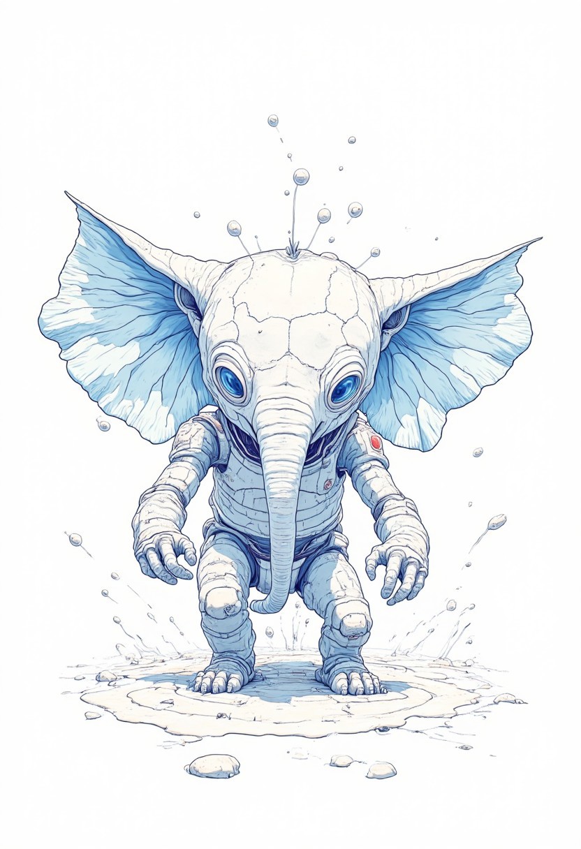 Flat color, vector design, white background, character, constructivism, poster, minimalistic, behance, illustrator. cubism, gmtrcCE style, geometric, style of John Kenn Mortensen, vivid colors A simple sketch of an anthropomorphic elephant with arms and legs, drawn on lined paper by hand using a blue ballpoint pen. The drawing is very rough but has clear outlines with eyes and a big smile.