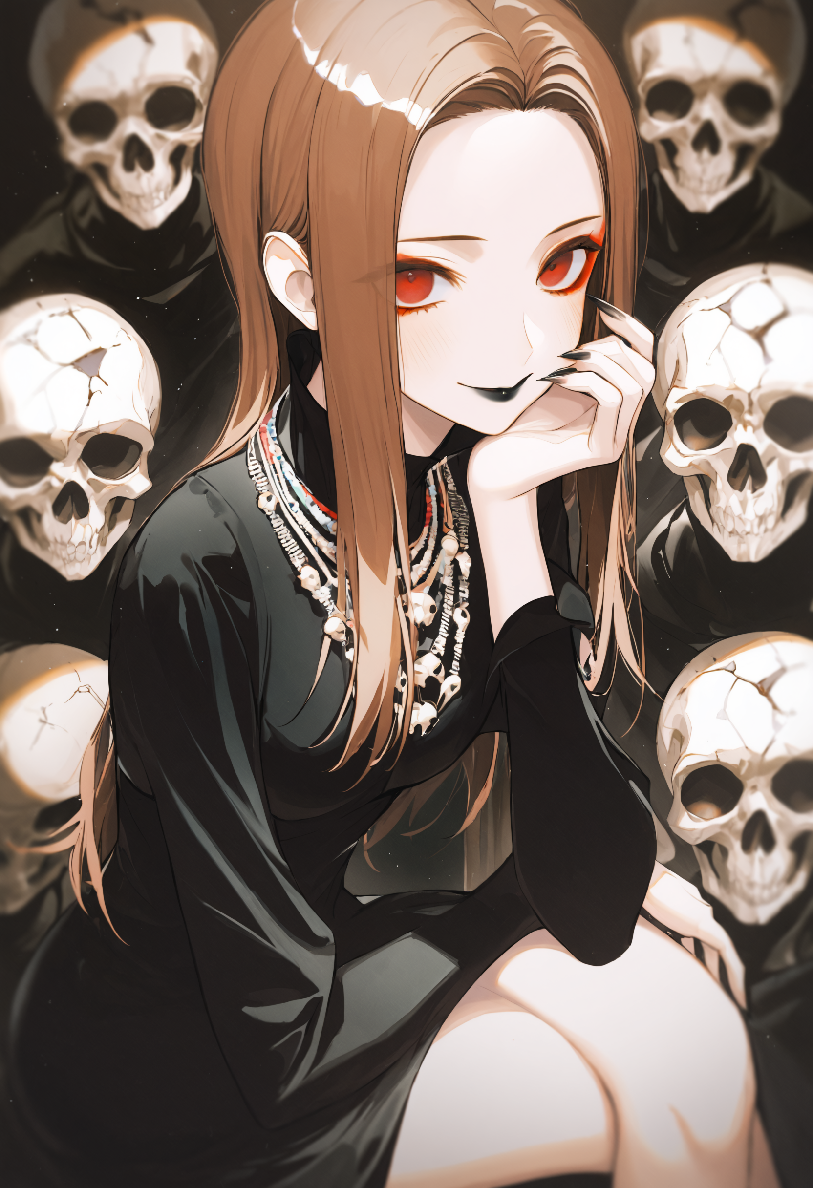 ambient occlusion, depth of field, traditional media, 1girl, looking at viewer, jewelry, necklace, black nails, skull, dress, black dress, long hair, red eyes, long sleeves, fingernails, brown hair, multiple others, forehead, hand on own chin, nail polish, sharp fingernails, hand up, makeup, smile, black lips, solo focus, parted hair, hand on own leg, solo