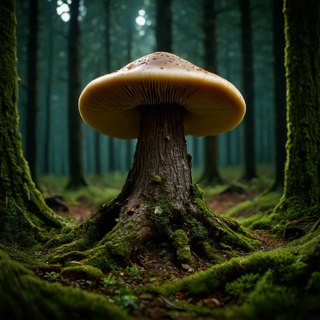 extremely detailed, 8k, high res, masterpiece, a mushroom tree in a dark forest