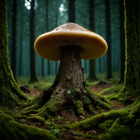 extremely detailed, 8k, high res, masterpiece, a mushroom tree in a dark forest