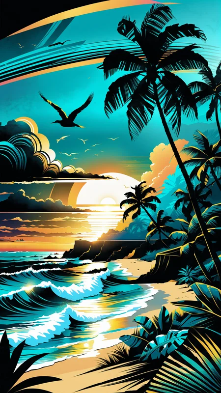 musical tropical vector illustration of sunset on the beach, in the style of Dan Mumford, vintage aesthetics, <lora:xl_yamer_style-2.0:0.9>, compositions inspired by nature, dark and gloomy landscapes, tropical landscapes