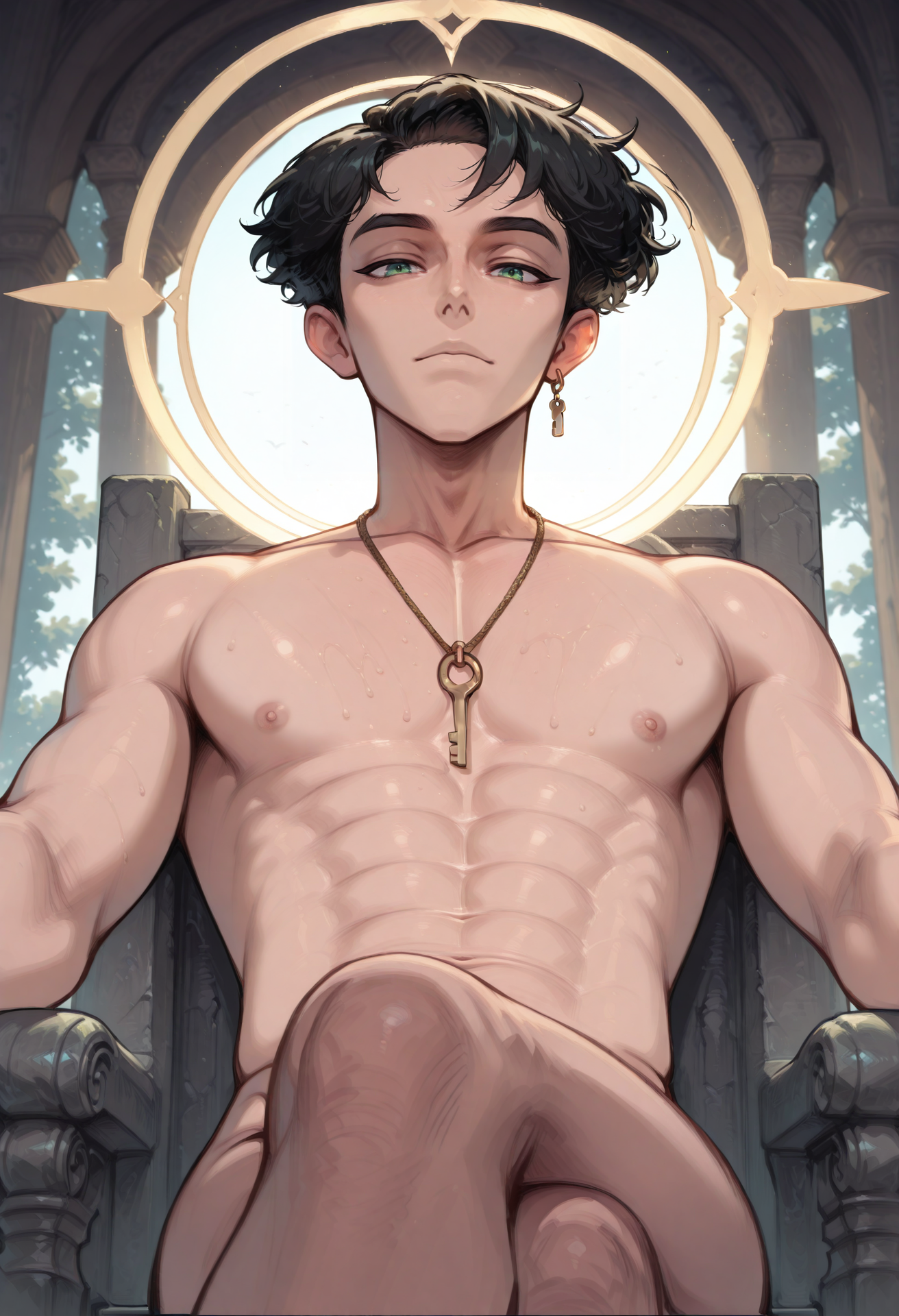 safe_pos,masterpiece,official wallpaper,best quality,newest,highres,absurdres,dynamic lighting,perfect lighting, outdoors, low angle, looking at viewer,
<lora:Key:0.6> 1boy, male focus, jewelry, green eyes, golden earring, naked, nude, black hair, key necklace, exposed chest, halo, big halo,
sitting on throne,