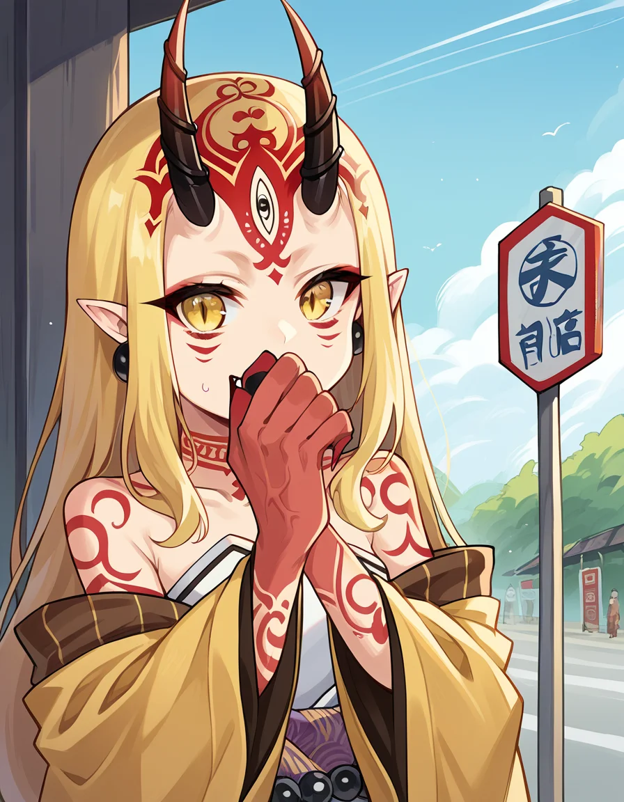 score_9, score_8_up, score_7_up, source_anime, <lora:fgo-ibaraki-douji-ponyxl-lora-nochekaiser:1>, ibaraki douji, blonde hair, facial mark, fang, forehead, horns, long hair, oni, oni horns, pointy ears, yellow eyes,, earrings, japanese clothes, jewelry, kimono, leg tattoo, neck tattoo, oni, oni horns, shoulder tattoo, tattoo, yellow kimono,, bus stop, waiting, commuter, smartphone, checking time, cold morning, smile, , hand covering mouth, solo,, cowboy shot, dutch angle