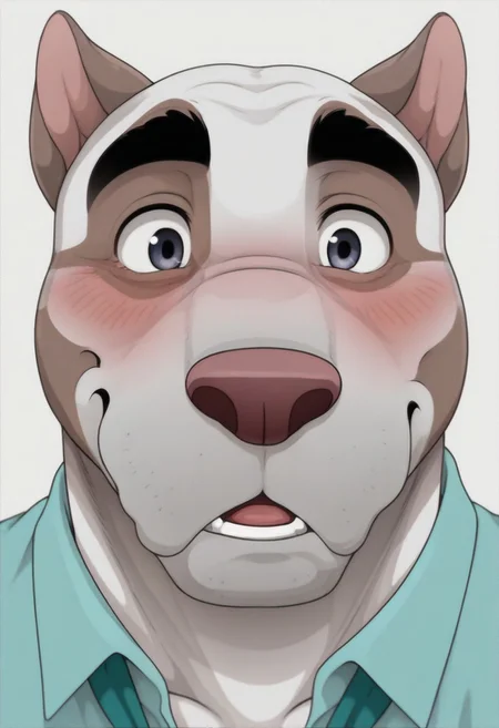 masterpiece, best quality, amazing quality, solo, 1boy,
Emery_Waldren, anthro pitbull, furry, muscular, collared shirt, mature male, muscular male, animal ears, muscle gut, white background, face focus, blushing embarrassed, looking at you, straight-on,