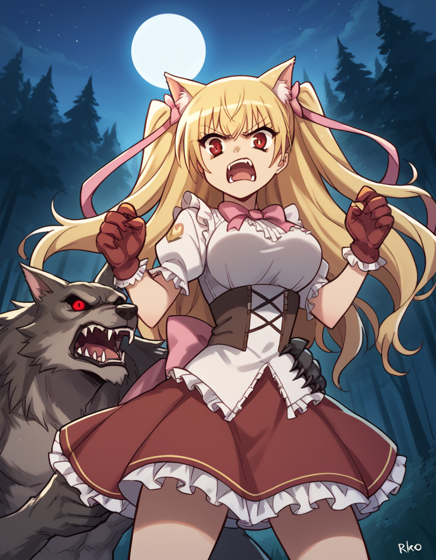 score_9, score_8_up, score_7_up, source_anime, <lora:riko-mine-s1-ponyxl-lora-nochekaiser:1>, riko mine, long hair, blonde hair, ribbon, red eyes, hair ribbon, twintails, two side up, large breasts,, <lora:werewolf-ponyxl-lora-nochekaiser:1>, werewolf, furry, fangs, animal ears, gloves, angry, teeth, animal ear fluff,, forest, night, moon, open mouth, , dutch angle, cowboy shot