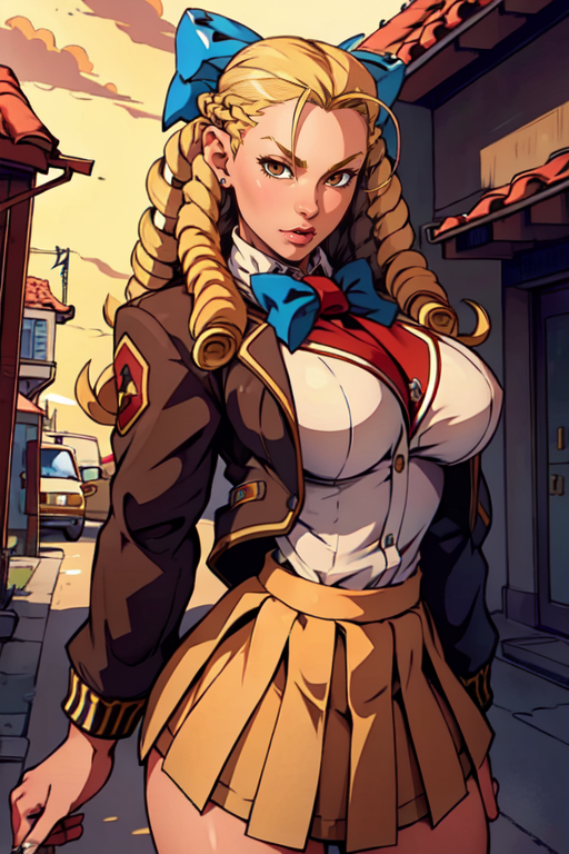 masterpiece,best quality,extreme detail,8k,<lora:karin:0.8>,karinsf5,1girl,solo,long hair,breasts,brown eyes,skirt,blonde hair,large breasts,bow,school uniform,jacket,hair bow,antenna hair,forehead,hair pulled back,ringlets,