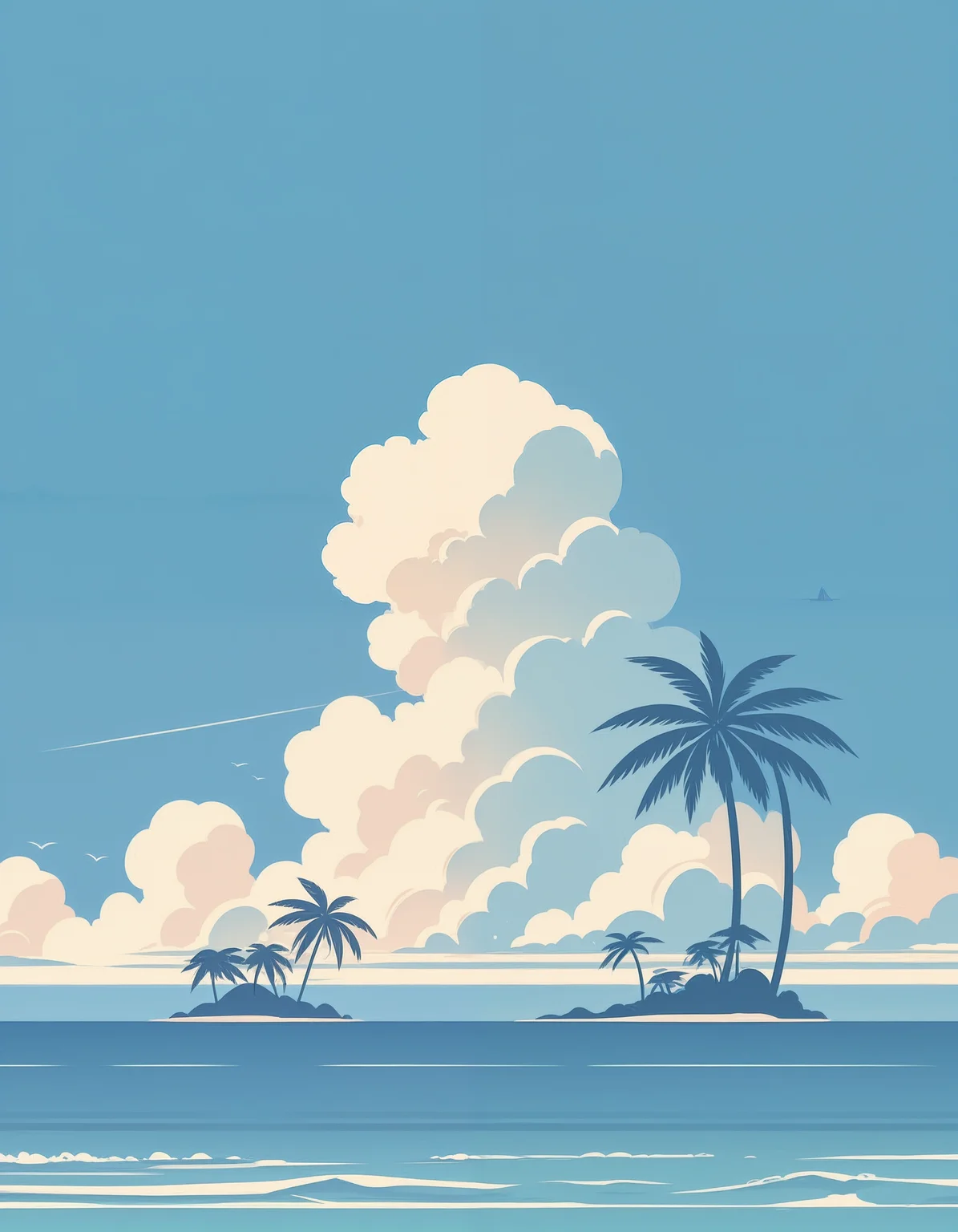 minimalistic, flat color, no lineart, tropical islands, ocean, distant clouds, blue sky
