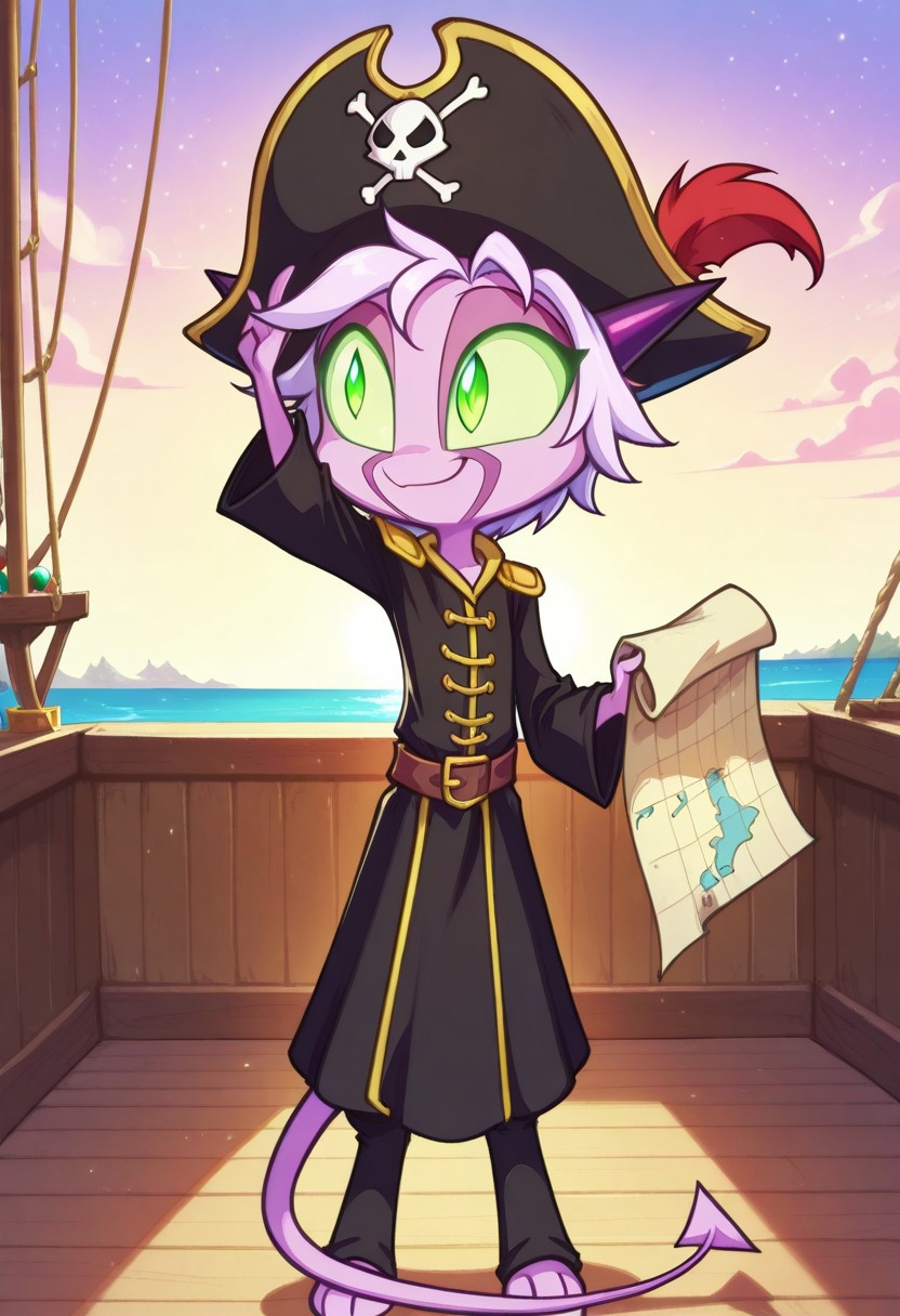 Dreamkeepers,1girl,Prelude_Namah,solo,demon tail, green eyes, horns, 
child, kid,
in a pirate hat standing on the deck of a ship, holding a treasure map with a tropical island and crystal-clear waters in the background, pirate_hat, ship, treasure_map, tropical_island, ocean, smile, happy, cute, short_hair, outdoor, adventure, pastel_colors, serene