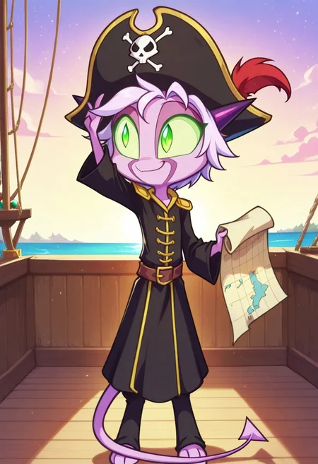 Dreamkeepers,1girl,Prelude_Namah,solo,demon tail, green eyes, horns,
child, kid,
in a pirate hat standing on the deck of a ship, holding a treasure map with a tropical island and crystal-clear waters in the background, pirate_hat, ship, treasure_map, tropical_island, ocean, smile, happy, cute, short_hair, outdoor, adventure, pastel_colors, serene