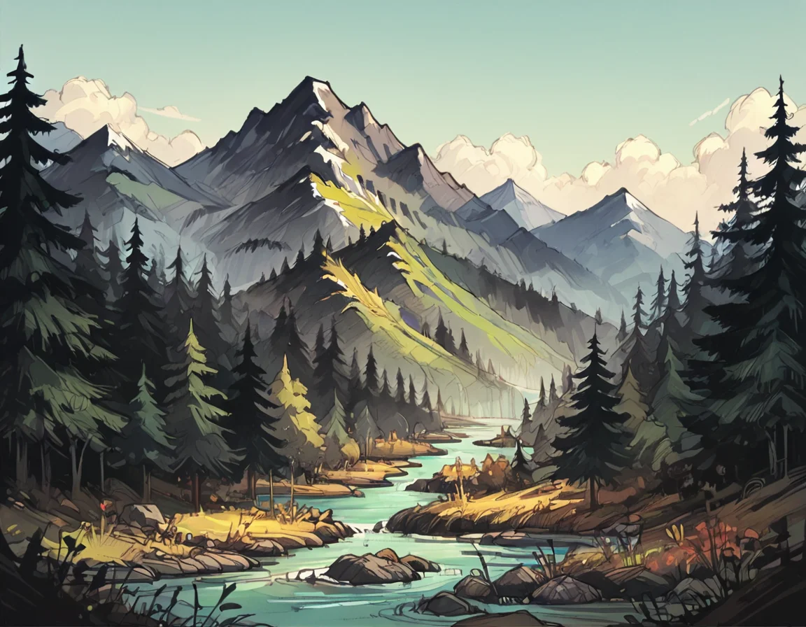 score_9, score_8_up, score_7_up, <lora:Messy Sketch Style:1>, forest with mountains and rivers,