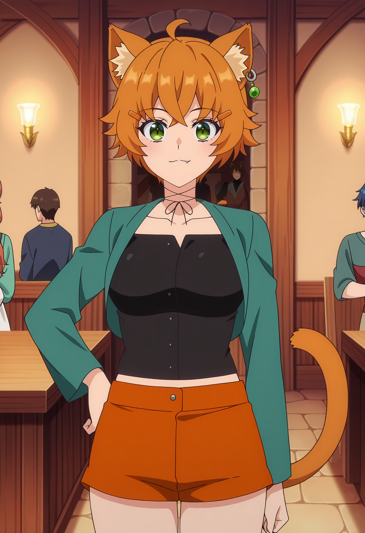 anime screencap, masterpiece, best quality,
<lora:ARankParty(Aparida)_NeneShifindle_IlluXL_v2:0.9>,
1girl, people, closed mouth, light smile, :3, fang,
ahoge, short hair, orange hair, green eyes, hairclip, single earring, animal ears, cat tail, orange tail,
neck ribbon, black ribbon, open jacket, aqua jacket, collarbone, black shirt, long sleeves, midriff, short shorts, orange shorts,
hand on own hip, standing, looking at viewer, cowboy shot,
indoors, medieval, restaurant