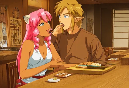 Pink_DragonPink, 1girl, sleeveless dress, white tiger print dress, pelvic curtain, cleavage, white tiger tail, red sash, small breasts, leather shoes, masterpiece, very aesthetic, cute expression <lora:pink-illustrious:1>, japanese restaurant, counter, showcase, omakase, sushi plate
Break
(anime, anime coloring:1.3),1boy,Anime screencap,link (zelda),blonde hair,blue eyes,pointy ears, wearing blue hyilian tunic, holding chopsticks, Link feeding dragonpink sushi, indoor, chair, window, japanese restaurant, counter, showcase, omakase, sushi plate, wooden plate,
Dragonpink and Link happily enjoy a meal, indoors, chair, window, japanese restaurant, link and dragonpink feed each other sushi, link and dragonpink holding hands, link and dragonpink kissing, counter, showcase, omakase, sushi plate, wooden plate, both dragonpink and link upper bodies in frame, smiling at each other
