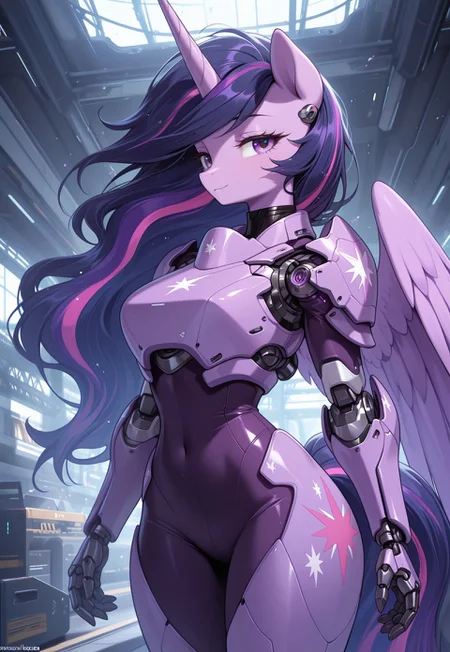 masterpiece, best quality, amazing quality, very aesthetic, absurdres, newest, solo, pony, mare, princess twilight 2, horn, wings, purple eyes, dark purple hair, long hair, mecha, robot, armor, bodysuit, mechanical arms, science fiction, no humans