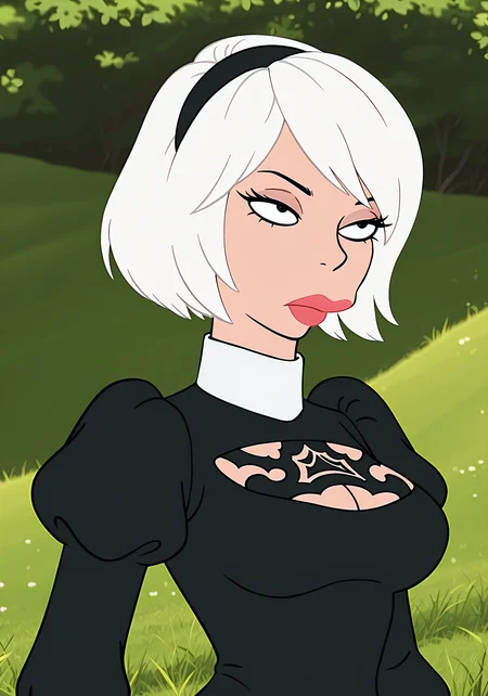 absurdres, 8k, high resolution, masterpiece, best quality, absolutely fantastic art, amazing quality, very aesthetic, <lora:futuramawomen>, futuramawomen, 1girl, solo, upper body, lipstick, black eyes, 2b, nier, white hair, short hair, black dress