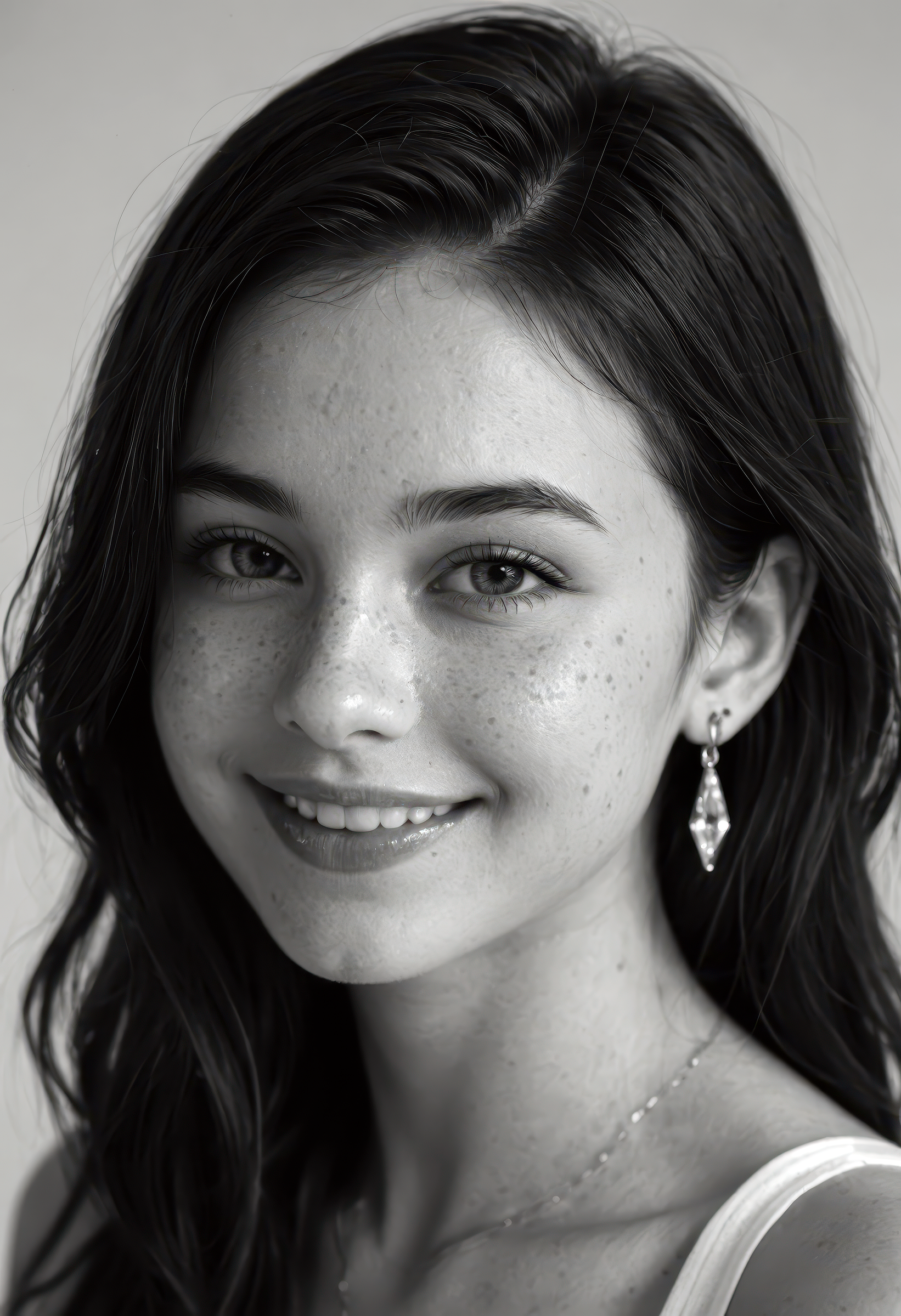 score_9, score_8_up, score_7_up, realistic, photo, black and white portrait of a young woman with subtle freckles and soft natural features, slightly tousled dark hair, subtle smile with a quiet intensity, wearing small dangling earrings, minimalistic studio lighting, high contrast grayscale tones, cinematic depth, raw emotion, ultra-realistic texture and fine detail, moody and artistic style, polished appearance