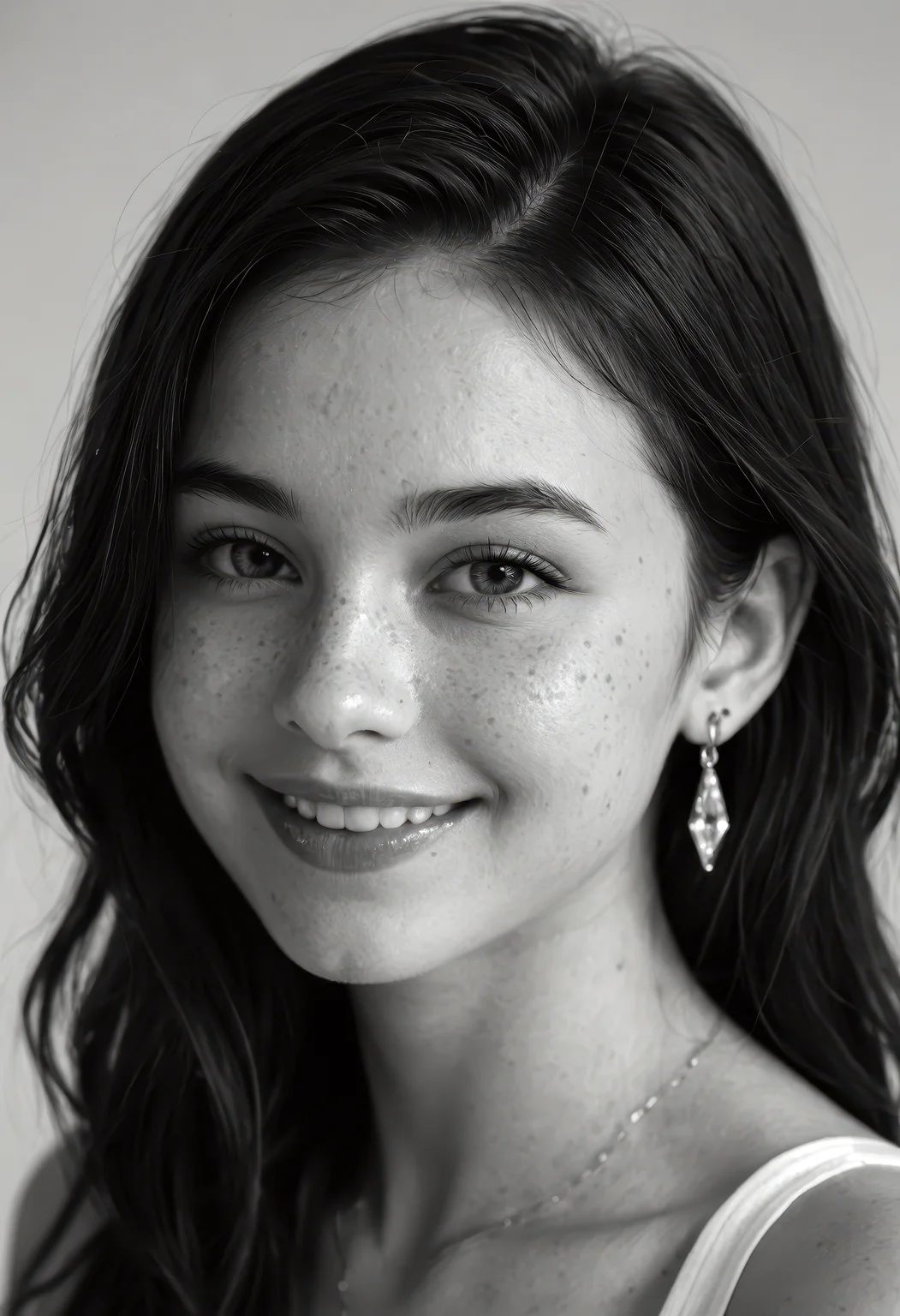 score_9, score_8_up, score_7_up, realistic, photo, black and white portrait of a young woman with subtle freckles and soft natural features, slightly tousled dark hair, subtle smile with a quiet intensity, wearing small dangling earrings, minimalistic studio lighting, high contrast grayscale tones, cinematic depth, raw emotion, ultra-realistic texture and fine detail, moody and artistic style, polished appearance