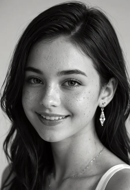 score_9, score_8_up, score_7_up, realistic, photo, black and white portrait of a young woman with subtle freckles and soft natural features, slightly tousled dark hair, subtle smile with a quiet intensity, wearing small dangling earrings, minimalistic studio lighting, high contrast grayscale tones, cinematic depth, raw emotion, ultra-realistic texture and fine detail, moody and artistic style, polished appearance