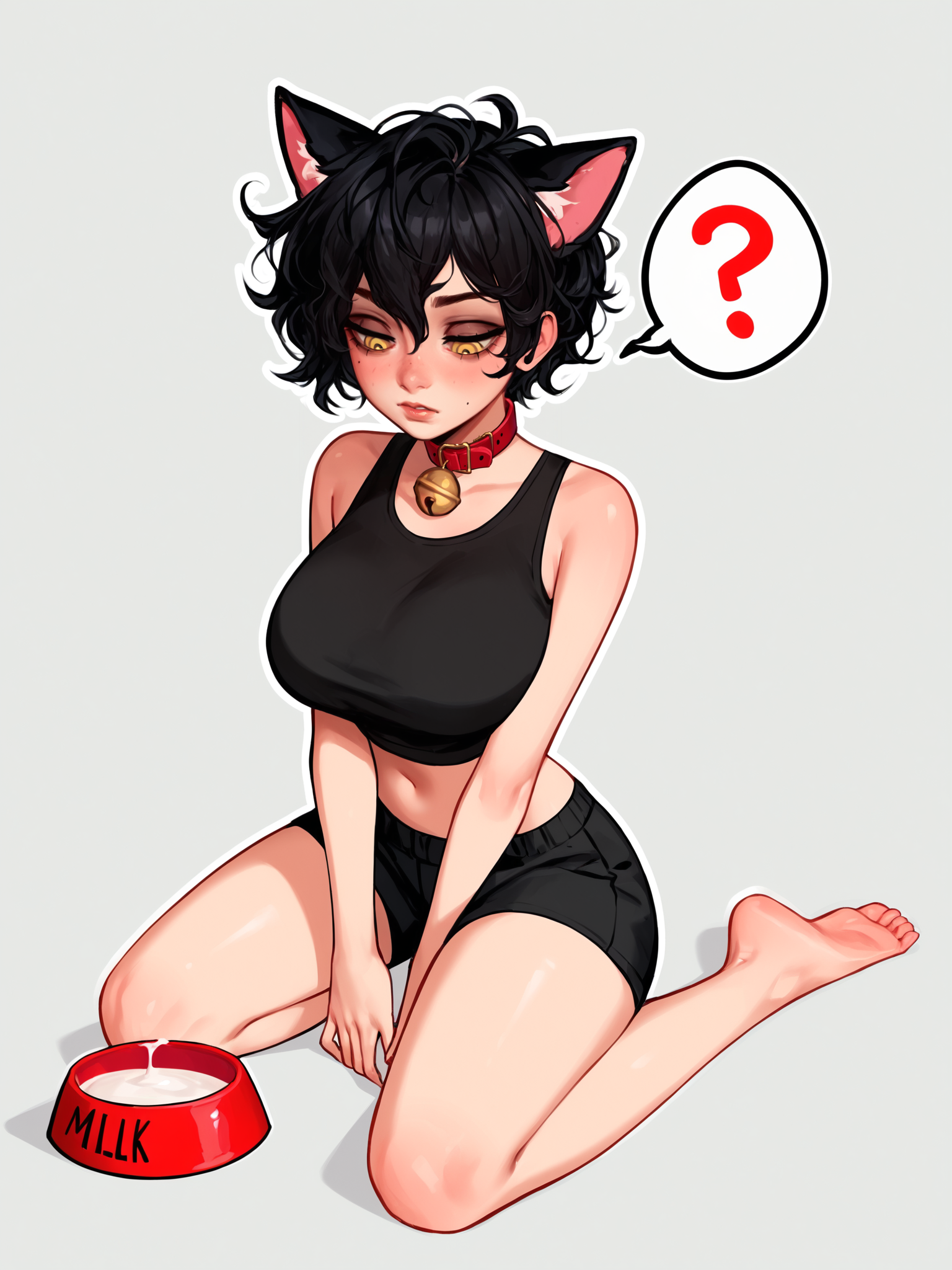 score_9, score_8_up, score_7_up, score_6_up, score_5_up, score_4_up,
BREAK
1girl, black hair, short hair, messy hair, yellow eyes, cat ears, spoken question mark, half-closed eyes, squinting, neck bell, looking down,
BREAK
solo, kneeling, barefoot, black crop top, black top, sleeveless, stomach, large breasts, black sport shorts, red collar, hands between legs, milk bowl, red bowl,
BREAK
white background, <lora:Lunas-BlushedArts-SDXL-A1:1>