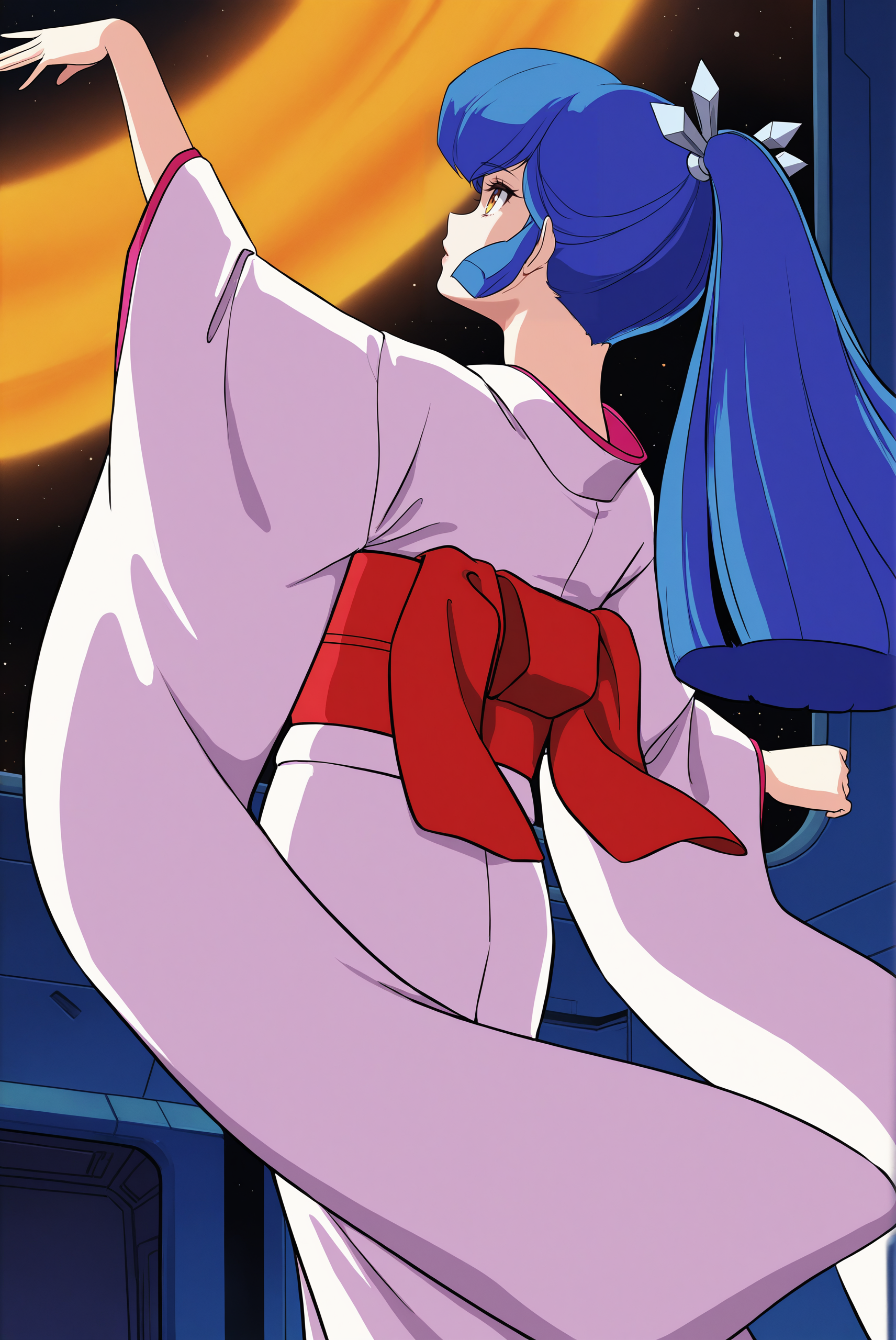 <lora:Oyuki_(1981):0.8> oyuki, long hair, blue hair, high ponytail, bangs, hair ornament, red eyes, retro artstyle, 1980s (style), long sleeves, kimono, sash, obi, white kimono, science fiction, spacecraft, 
parted lips, dancing, High Angle Shot, looking at nothing, (1girl:2, solo:2), 
masterpiece, best quality, very aesthetic, absurdres, amazing quality masterpiece, hyper-detailed, (8k uhd::1.4), intense atmosphere, detailed clothing, dramatic lighting, (perfect hands), detailed face,