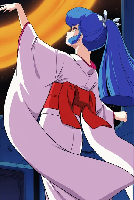 <lora:Oyuki_(1981):0.8> oyuki, long hair, blue hair, high ponytail, bangs, hair ornament, red eyes, retro artstyle, 1980s (style), long sleeves, kimono, sash, obi, white kimono, science fiction, spacecraft, 
parted lips, dancing, High Angle Shot, looking at nothing, (1girl:2, solo:2), 
masterpiece, best quality, very aesthetic, absurdres, amazing quality masterpiece, hyper-detailed, (8k uhd::1.4), intense atmosphere, detailed clothing, dramatic lighting, (perfect hands), detailed face,
