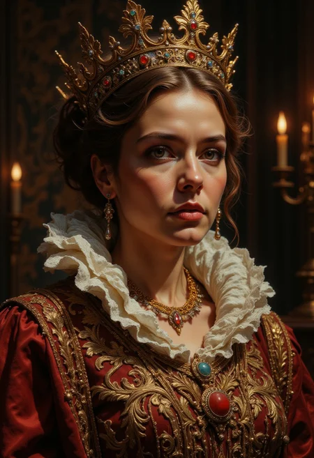 DGC style digital illustration, Magic style,
Close-up. cinematic photo. A sumptuously detailed Baroque painting of a regal queen, her opulent gown adorned with intricate embroidery and jewels, her gaze commanding yet tender. The elaborate crown atop her head gleams with gold, reflecting the warm candlelight of the royal court. Delicate brushstrokes capture the richness of her velvet robes and the subtle nuances of her expression, conveying both strength and grace. This exquisite, masterful portrait radiates elegance and sophistication, inviting viewers to bask in the beauty of a bygone era.