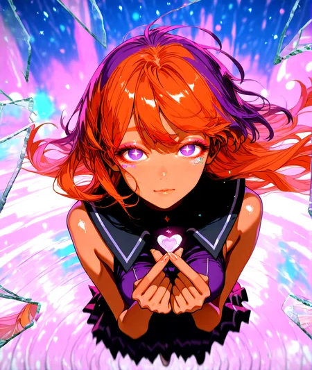 masterpiece,best quality,(glass shards:1.2),(broken glass:1.1),reflection,solo,(solo focus:1.4),(solo:1.2),1girl,detailed background,dramatic lighing,cinematic still,<lora:BrokenGlass_illusXL_Incrs_v1:1.3>,pink eye makeup,pink eyeshadow,ripples,galaxy,neon lights,[magical girl, sailor uniform | goth, gothic dress],tan skin, brown skin, long hair, hair in the wind , multicolor hair , orange hair, Multicolour iris, round shaped eyes , dark purple eyes , unique pupils, looking at viewer , straight on , medium breasts,multicolor background,colorful,at night,clothing in wind,hair in wind,closeup,jumping, freeze frame, mid air, jumping straight up ,<lora:BLE(Illust)0.1v:1>,film grain,particles,blurry background,bokeh background,stars,realistic,finger heart, 2 hand heart ,jewelry,featured on pixiv,<lora:ChamIllustriousBackgroundEnhancer:1.1>,<lora:UK shiny_skin1v_ILXL:0.8>,shiny skin,