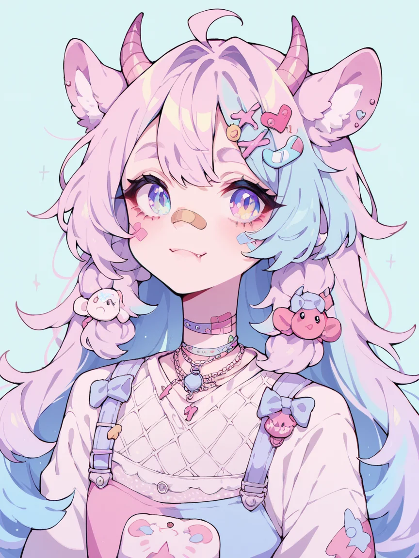 score_9, score_8_up, score_7_up, score_6_up, <lora:p4st3lg0r3XLP:1> p4st3lg0r3, 1girl, pastel,animal ears, bandaid, hair ornament, horns