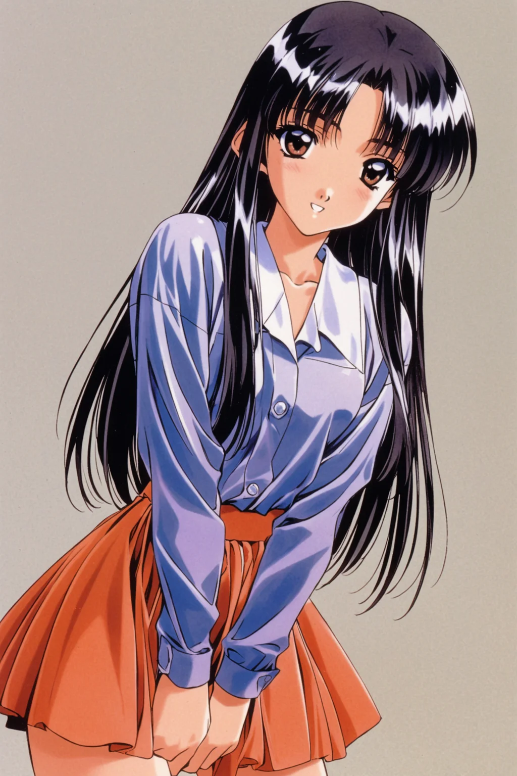 Wakana Ayasaki,1girl,solo,long hair,black hair,1990s \(style\),simple background,retro artstyle,white background,long sleeves,brown eyes,looking at viewer,v arms,skirt,bangs,blush,smile,cowboy shot,parted lips,<lora:Mizutani Tooru_XL:0.8>,