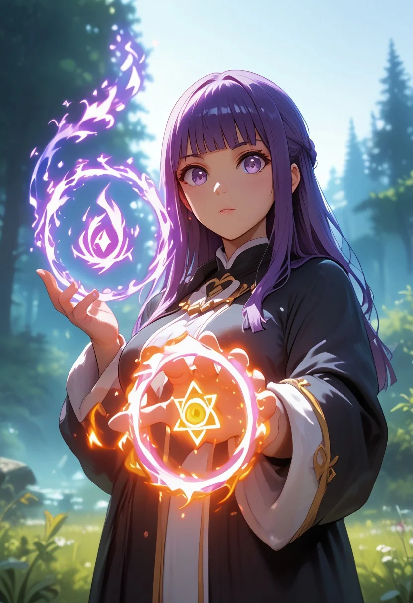 score_9, score_8_up, score_7_up, 2 girls,
perfect face, detailed eyes, detailed skin,
(fern \(sousou no frieren\), large breasts, long hair, purple hair, half updo, blunt bangs, purple eyes, big eyes, black robe),
spell bind, cinematic angle, Fractals, flame, smoke, energy ball:1.2, sparkle, Depth of field
Fog, dark forest, blurry background,
