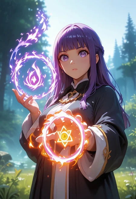 score_9, score_8_up, score_7_up, 2 girls, 
perfect face, detailed eyes, detailed skin, 
(fern \(sousou no frieren\), large breasts, long hair, purple hair, half updo, blunt bangs, purple eyes, big eyes, black robe),
spell bind, cinematic angle, Fractals, flame, smoke, energy ball:1.2, sparkle, Depth of field
Fog, dark forest, blurry background,