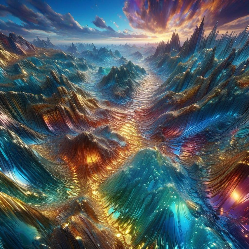 landscape, iridescent foil, alcohol ink and carnival glass, magic realism, final 3d render,(((masterpiece))),(((best quality))), ((ultra-detailed)), UHD,HDR,64K, Moody, Vivid, Sci-fi, Landscapes, Detailed, Epic, --v 6 --v 5.2