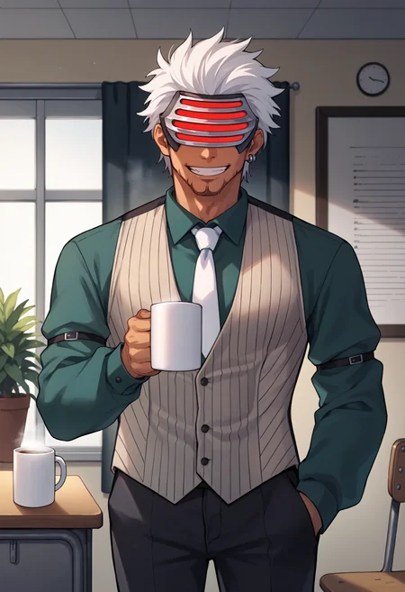 score_9, score_8_up, score_7_up, source_anime, 1boy, cowboy shot, looking at viewer, grin, hand in pocket, holding coffee mug, steam, <lora:GodotAA-pdxl:1> gdAA, white hair, short hair, mask, covered eyes, dark-skinned male, beard, single earring, collared shirt, green shirt, long sleeves, pinstripe vest, white necktie, arm strap, black pants, indoors, desk, potted plant