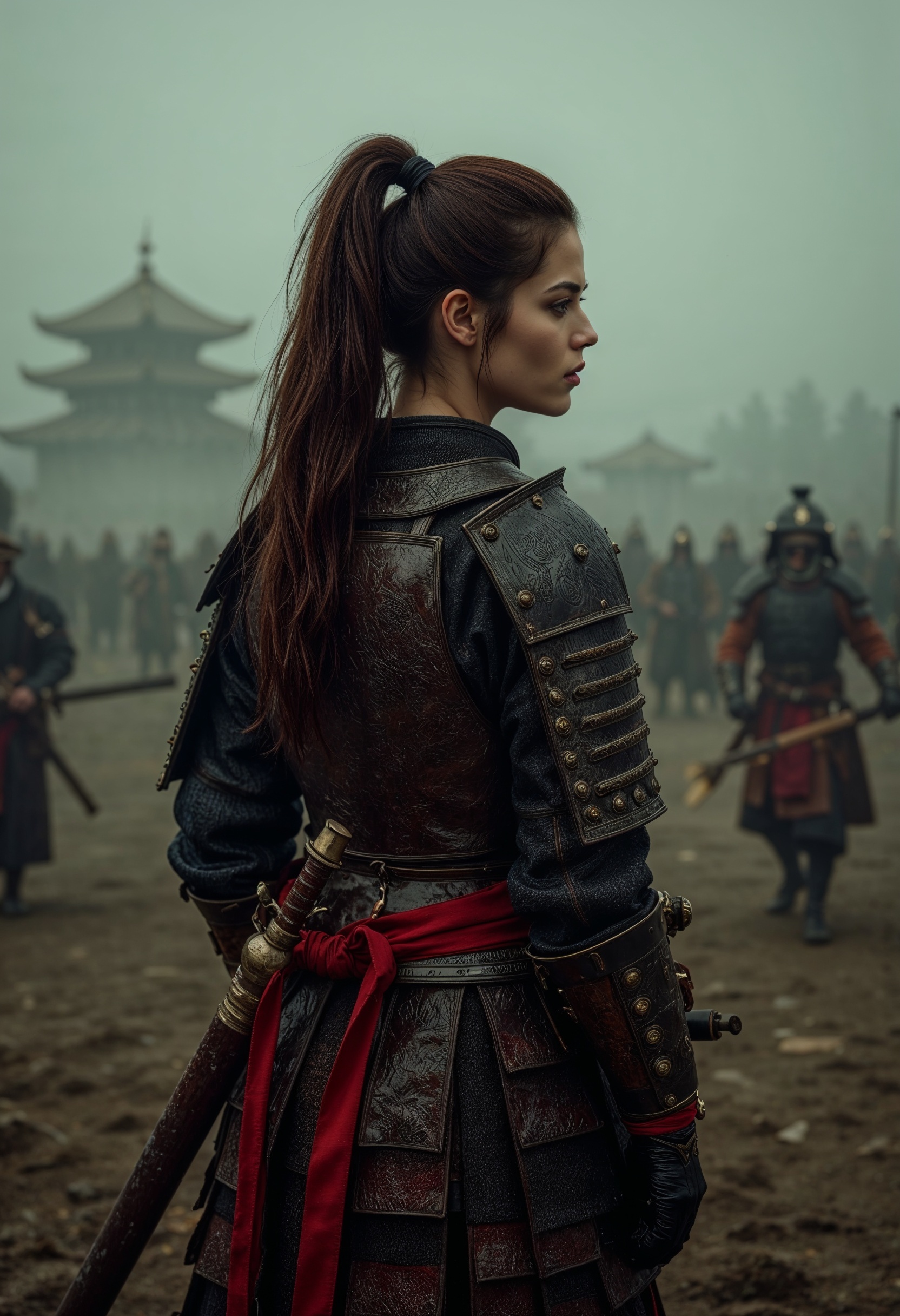 R3alism, samurai woman in armor standing in a battlefield,armor,ponytail,japanese,fantasy,solo focus,epic  <lora:FluxMythR3alism:1>