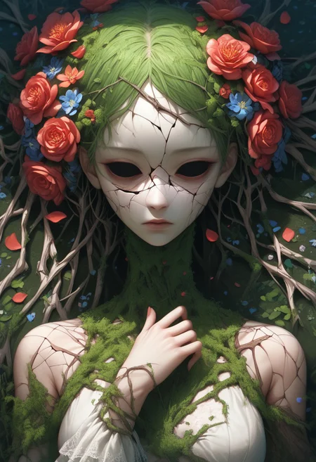 easynegative, source_anime, zPDXL2, extremely detailed, score_9, score_8_up, score_7_up, score_6_up, object_head, h3ad, <lora:Insert_Head_Here:1> multiple branches, lush flowers, hydrangeas, headless, object_head, flowing shadowy body, cracked face, petals falling, empty eyes, ethereal limbs, close up:1.5, portrait, vibrant red flower blooming, flower focus, holding head, dynamic pose, from above, hand up, swirling chaos background