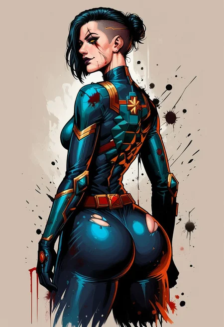 score_9, score_8_up, score_7_up, score_6_up, dcaustyle, 1girl, captain marvel, black bodysuit, glowing black, goth filr, raven, hair, undercut, pointy breasts, cowboy shot, spacecraft interior, 2d, glowing golden eyes, sexy pose,smile, ripped suit, broken suit, scars, blood, wounded, dynamic pose, makeup, goth girl, detailed armor (from behind:1.1), ass, perfect ass, huge ass, ass focus