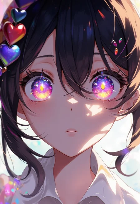 de01 art style, upper body image of a woman with large breasts, detail eyes, wearing a white shirt, heart shaped eye pupils