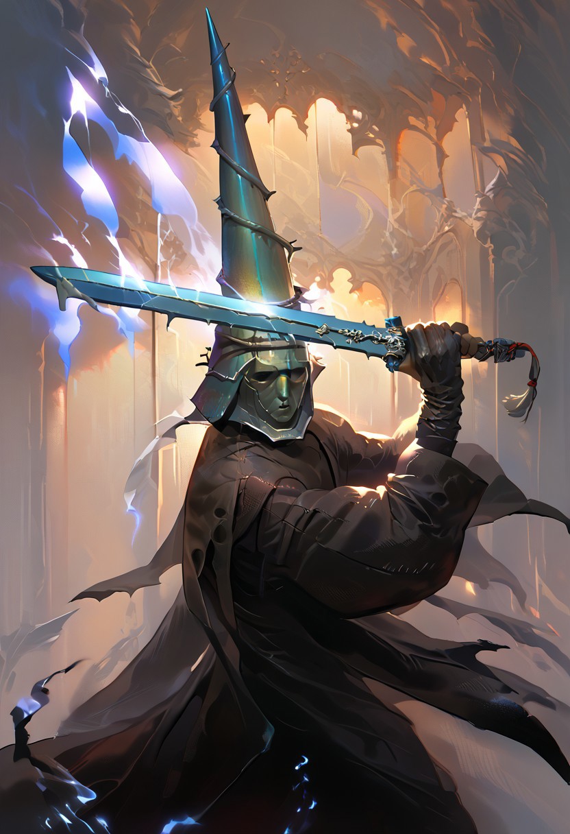 score_9, score_8_up, score_7_up, 1man, tall conical helmet, metal facial mask, pauldron, expressionless,   holding weapon, holding sword, blue electricity, cleavage, black dress, sleeves,