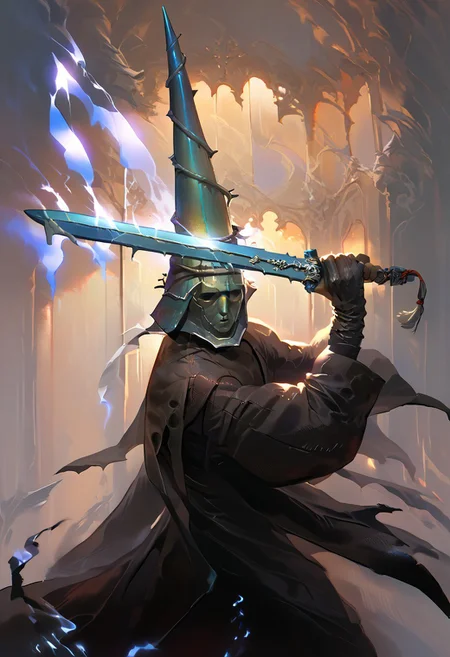 score_9, score_8_up, score_7_up, 1man, tall conical helmet, metal facial mask, pauldron, expressionless, holding weapon, holding sword, blue electricity, cleavage, black dress, sleeves,