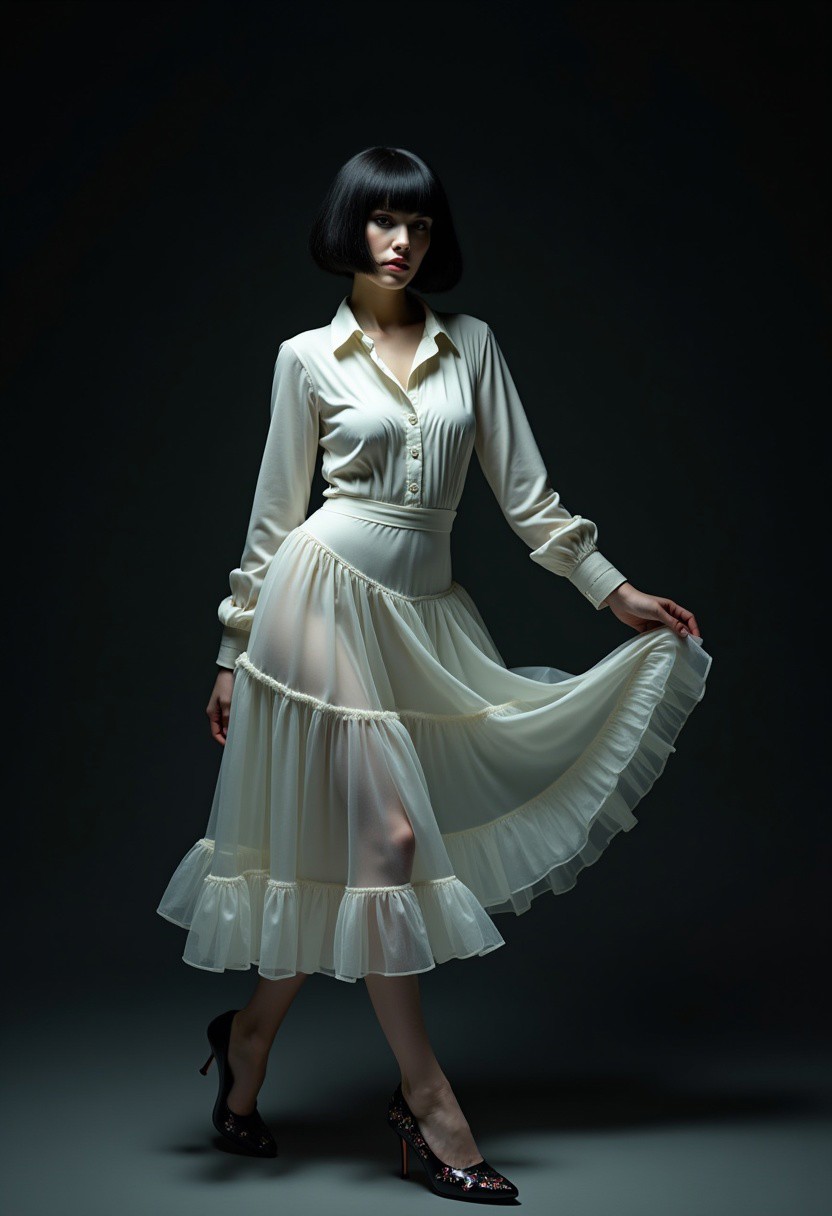 glamour photography of A hyper-realistic full-body photo of a turkish woman with a sleek black bowl-cut hairstyle, her razor-sharp bangs perfectly concealing her eyes, casting a mysterious shadow across her porcelain-like skin. Her pale, glossy complexion gleams with an oily finish, giving her an ethereal, avant-garde presence. She dons a Ballets Ruffled Dress in crisp, immaculate white, crafted from a luxurious blend of cotton and polyester. The dress features full sleeves, a stand collar, a single-breasted closure, and cascading ruffles that add delicate charm to its casual yet surreal design. Her feet are adorned with black leather high-heel shoes embellished with surreal iridescent floral patterns, shimmering like jewels under soft, focused lighting. She strikes a dynamic, avant-garde pose, her body tilted slightly with one arm extended gracefully while the other rests near her waist, exuding elegance and controlled intensity. The background is a deep, pitch-black void illuminated by glowing, sparkling golden grills that form intricate geometric patterns, creating a dramatic, high-fashion atmosphere. The photo captures every fine detail, with fluid lines and soft shading bringing out stunning clarity and depth, inspired by Alexander McQueen's visionary designs.