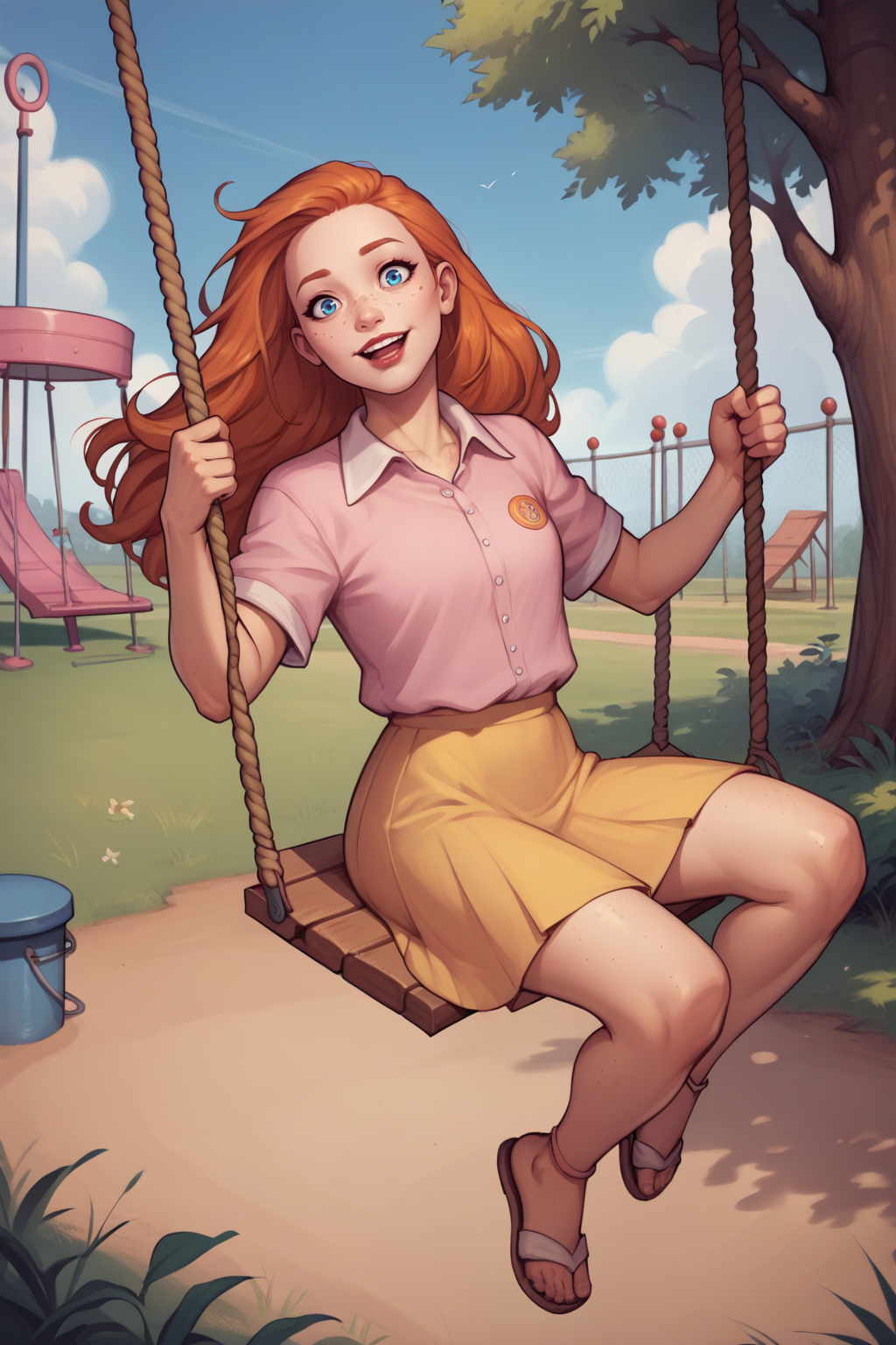 score_9, score_8_up, score_7_up, BREAK source_anime, score_9, score_8_up, 1girl, solo, <lora:NSMeiPortia:1> NSMeiPortia, long hair, blue eyes, freckles, lipstick, orange hair, playground, swing, happy, pink blouse, yellow skirt, sandals