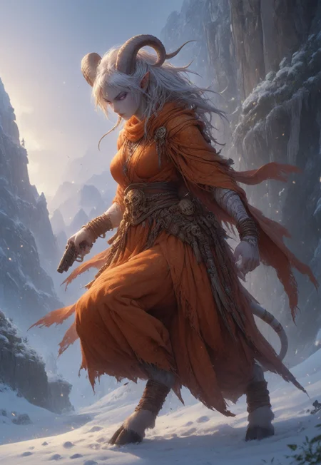 (absurdres, best quality, masterpiece:1.4), score_9, score_8_up, score_7_up, score_6_up, detailed, detailed body, detailed face, world of warcraft, fantasy, <lora:add-detail-xl:1.5>,
fFaceDetail, SkinDetail, ((female, draenei, tall, athletic arms, pale white skin, long white hair, purple eyes, no pupil, no sclera, long white tail), (h0rns, ram horns, white horns),
(long fingers, purple fingernails, purple nail polish), hooves),
GunMonk, pistol, holding pistol, dynamic pose,
(long loose orange dress, orange silk scarf, tail under dress, simple armlet, small yellow gem pendant),
outdoors, mountains, temple, snow, evening
