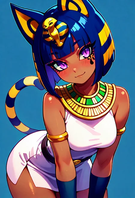 masterpiece, best quality, absurdres, medium breasts, (curvy), cute, eyelashes, vivid colors,
BREAK,
,,,
zzAnkha, animal crossing, animal ears, armlet, bare shoulders, belt, blonde hair, blue hair, blunt bangs, blunt ends, bob cut, cat ears, cat girl, cat tail, cropped, daniel deng, dark skin, dress, eye of horus, eyelashes, eyes visible through hair, facial tattoo, humanization, purple eyes, shiny skin, short hair, slit pupils, tattoo, usekh collar, white dress ,
,,,
smile, looking at viewer,
,,,
smile, looking at viewer, leaning forward, head tilt, blush,