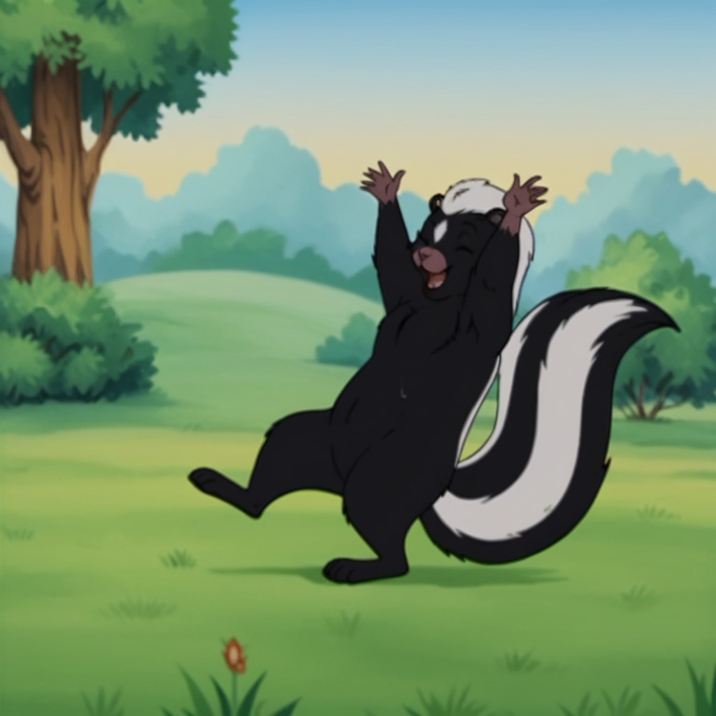 score_9, score_8_up, score_7_up, score_6_up, score_5_up, score_4_up, source_furry, skunkfrnkln, semi-anthro, female, skunk, black fur, outside, dancing, in a field,