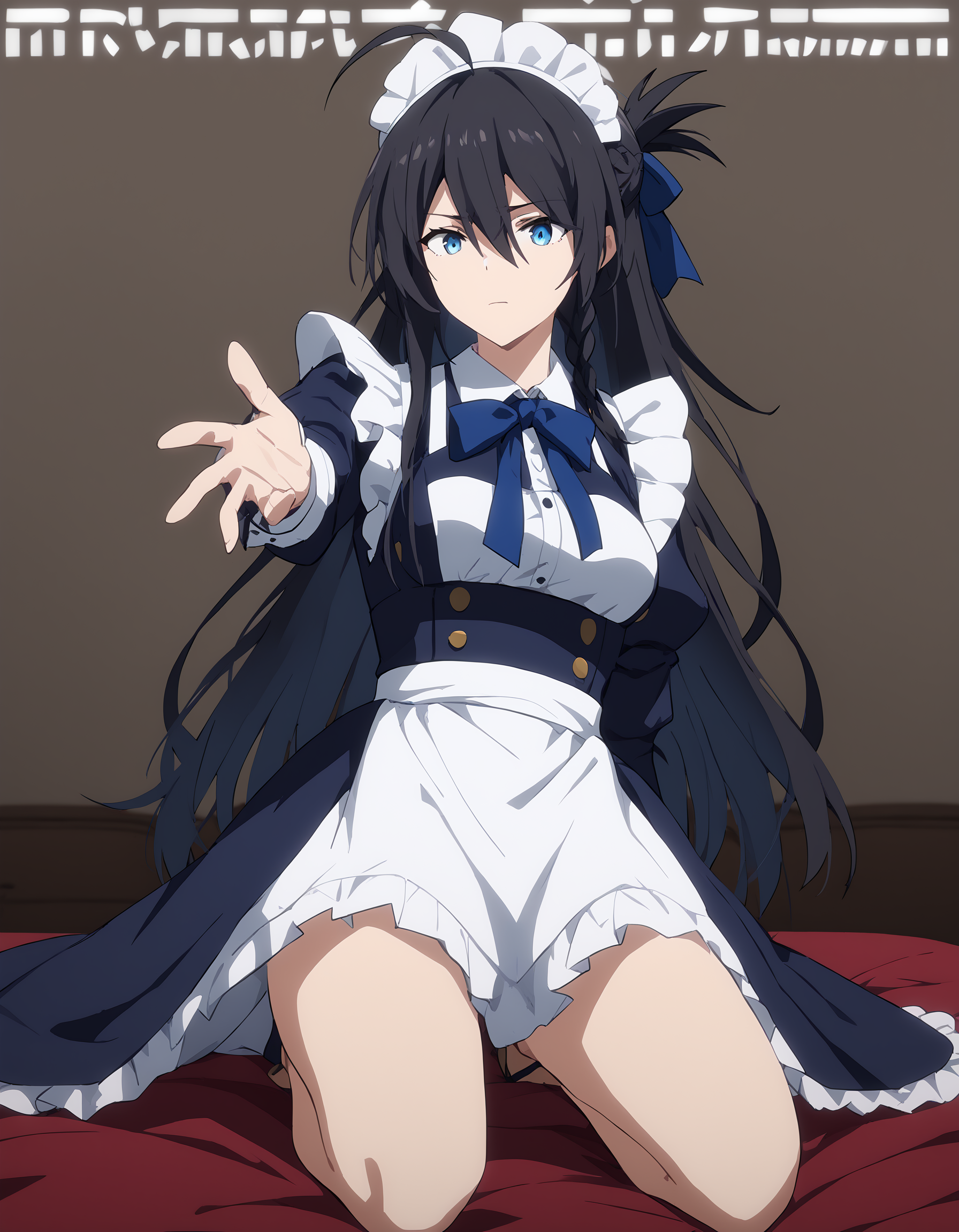 score_9,score_8_up,score_7_up,simple background,(magazine cover:1.2),maid,maid headdress,bedroom,kneeling,
<lora:gutu_pony:0.6>,gutu,1girl,solo,blue eyes,ahoge,long hair,black hair,braid,bangs,hair between eyes,feathers,anime screencap,medium breasts,thighs,reaching_out,<lora:magazine-cover-ponyxl-lora-nochekaiser:1>,<lora:Anime_Screencap:1>,
