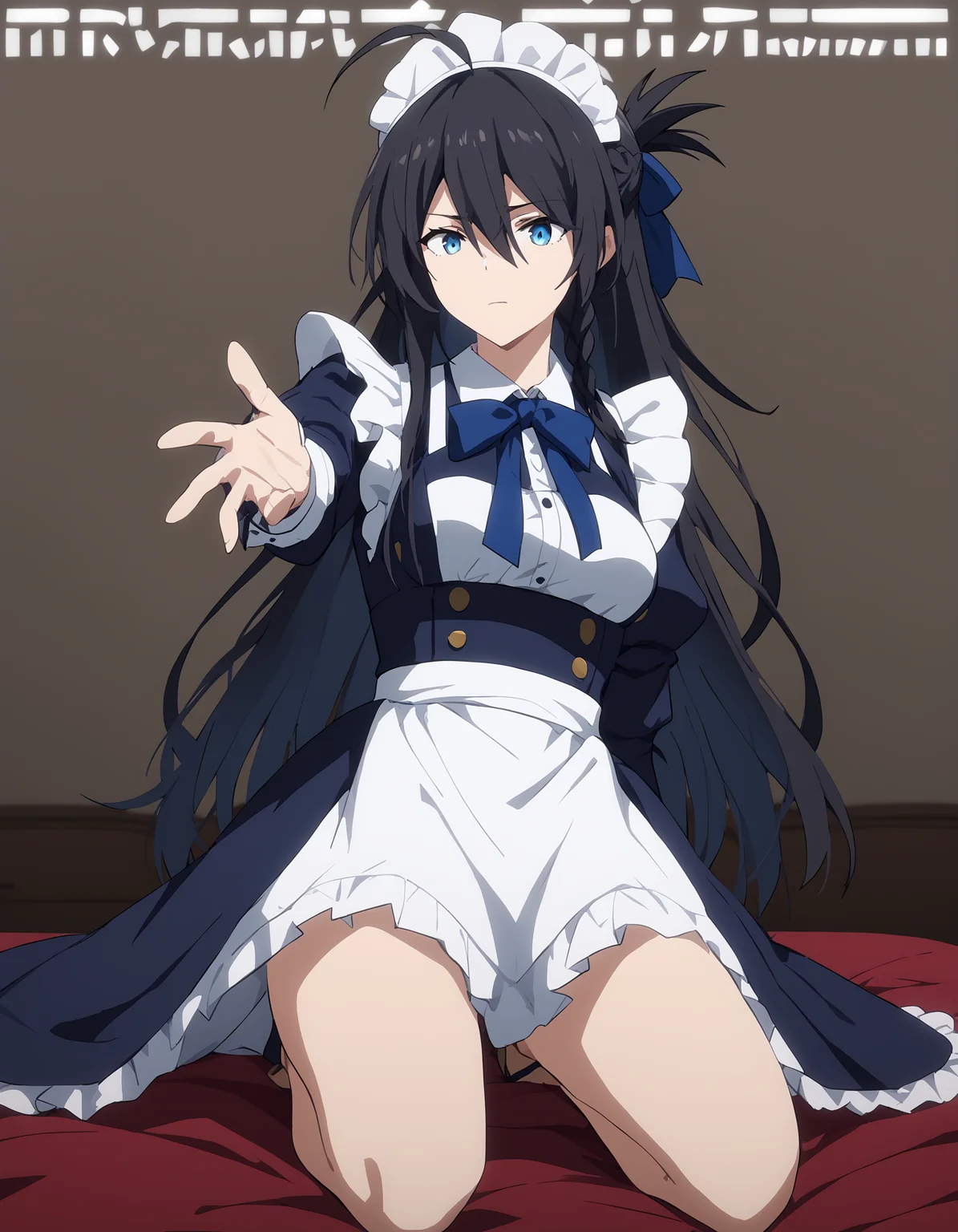score_9,score_8_up,score_7_up,simple background,(magazine cover:1.2),maid,maid headdress,bedroom,kneeling,
<lora:gutu_pony:0.6>,gutu,1girl,solo,blue eyes,ahoge,long hair,black hair,braid,bangs,hair between eyes,feathers,anime screencap,medium breasts,thighs,reaching_out,<lora:magazine-cover-ponyxl-lora-nochekaiser:1>,<lora:Anime_Screencap:1>,